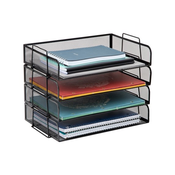 Mind Reader Stackable Paper Tray, Desktop Organizer, File Storage, Metal Mesh, 4 Piece, Black