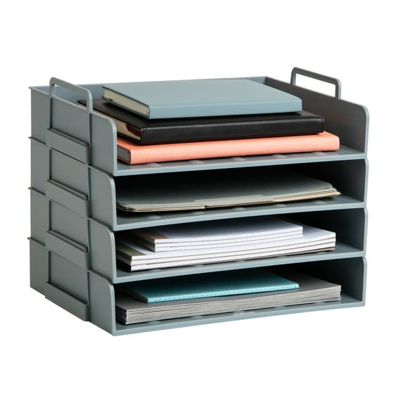 Mind Reader Stackable Paper Tray, Desktop Organizer, File Storage, Office, Plastic, 13.75"L x 10"W x 10.75"H, 4 Pcs., Gray