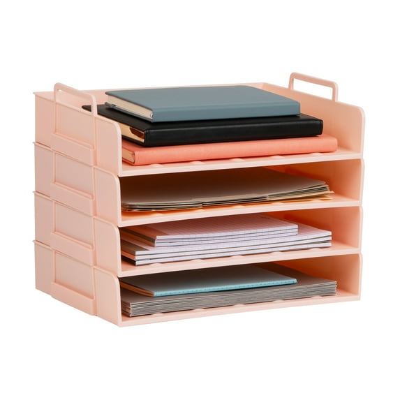 Mind Reader Stackable Paper Tray, Desktop Organizer, File Storage, Office, Plastic, 13.75"L x 10"W x 10.75"H, 4 Pcs., Pink