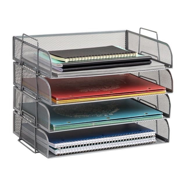 Mind Reader Stackable Paper Tray, Desktop Organizer, Metal, 14"L x 9.75"W x 11.25"H, 4 Pcs., Silver