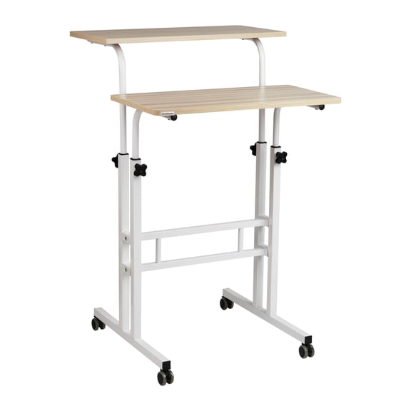 Mind Reader Standing Desk, Adjustable Height Laptop Workstation, Portable Rolling Desk on Wheels, Two-Tier Metal Frame, White
