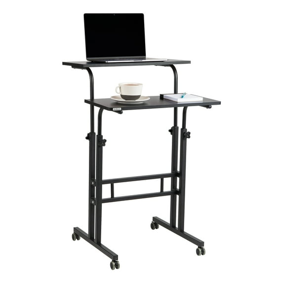 Mind Reader Standing Desk, Adjustable Height Laptop Workstation, Portable Rolling Desk on Wheels, Two-Tier Metal Frame, Black