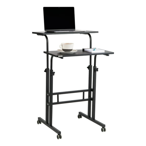 Mind Reader Standing Desk, Adjustable Height Laptop Workstation, Portable Rolling Desk on Wheels, Two-Tier Metal Frame, Black