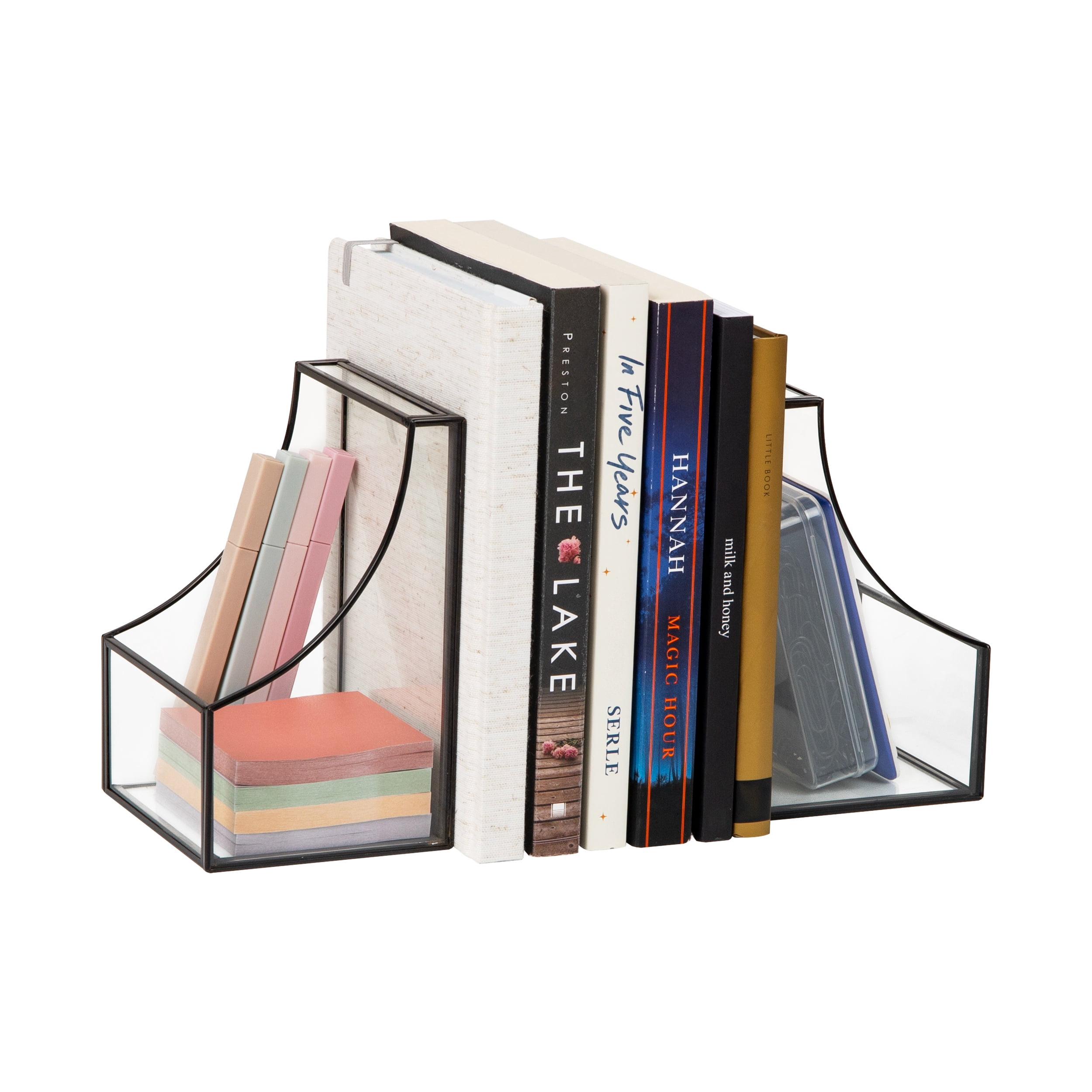 Mind Reader Terrarium Bookends, Decorative Book Holders with Storage, Modern Organizer for Desk or Shelf, Glass, Metal, Set of 2, Black