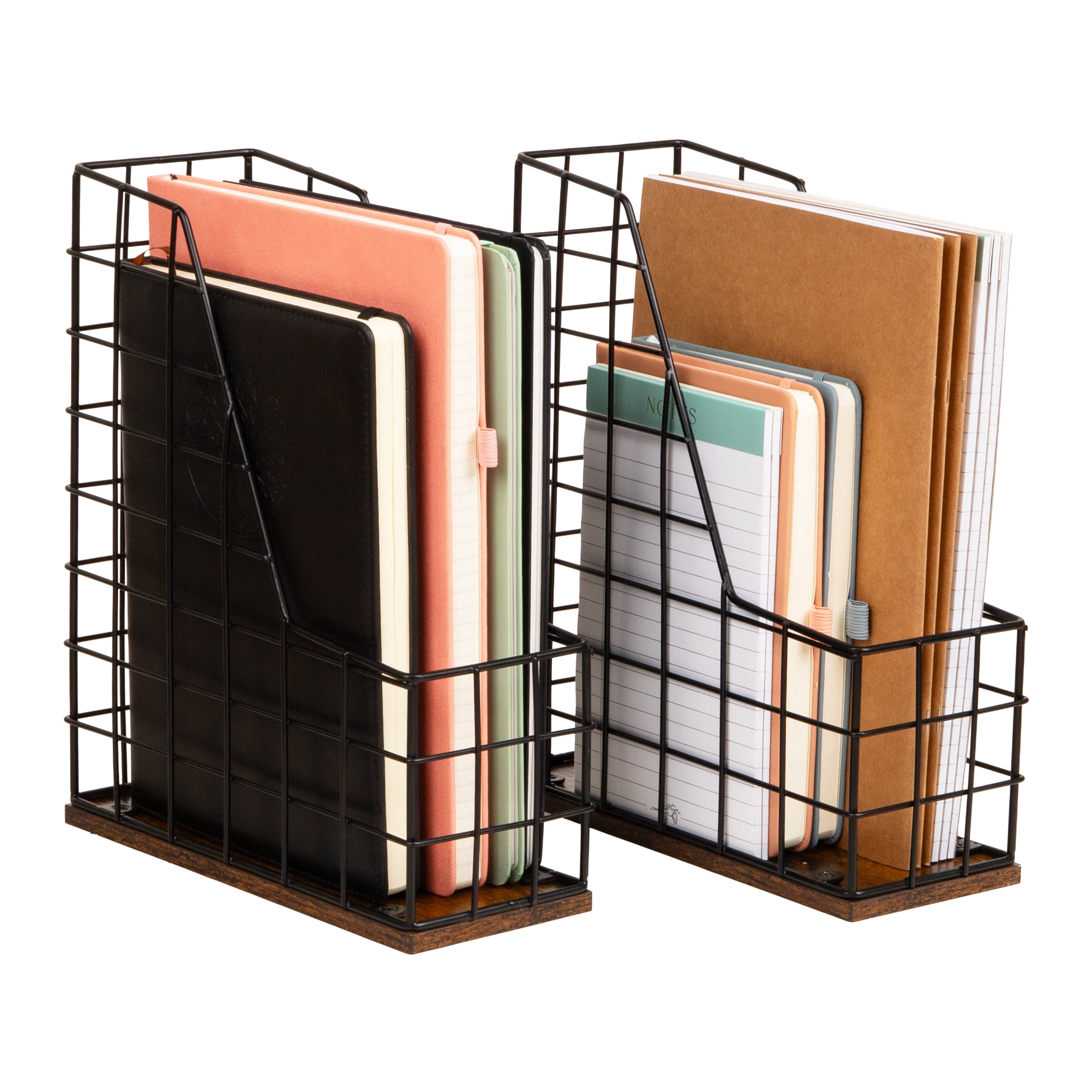 Mind Reader Vertical File Organizer with Wood Base and Black Metal Frame, Desktop Magazine Holder, Modern File Rack, Metal and Wood, Black