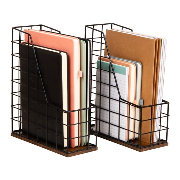 Mind Reader Vertical File Organizer with Wood Base and Black Metal Frame, Desktop Magazine Holder, Modern File Rack, Metal and Wood, Black