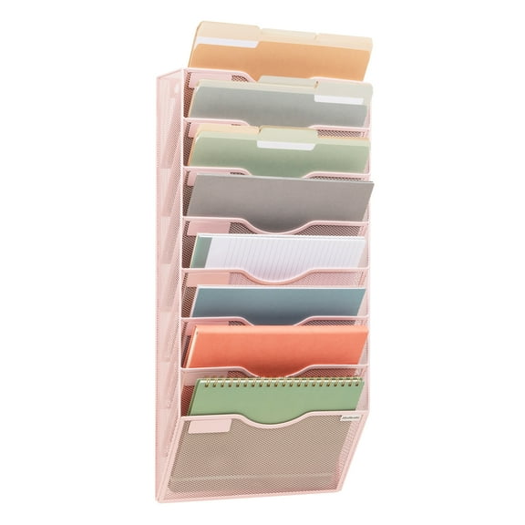 Mind Reader Wall File Organizer, 8 Pocket Hanging Document Rack, Office Wall Mount, Metal Mesh, Pink
