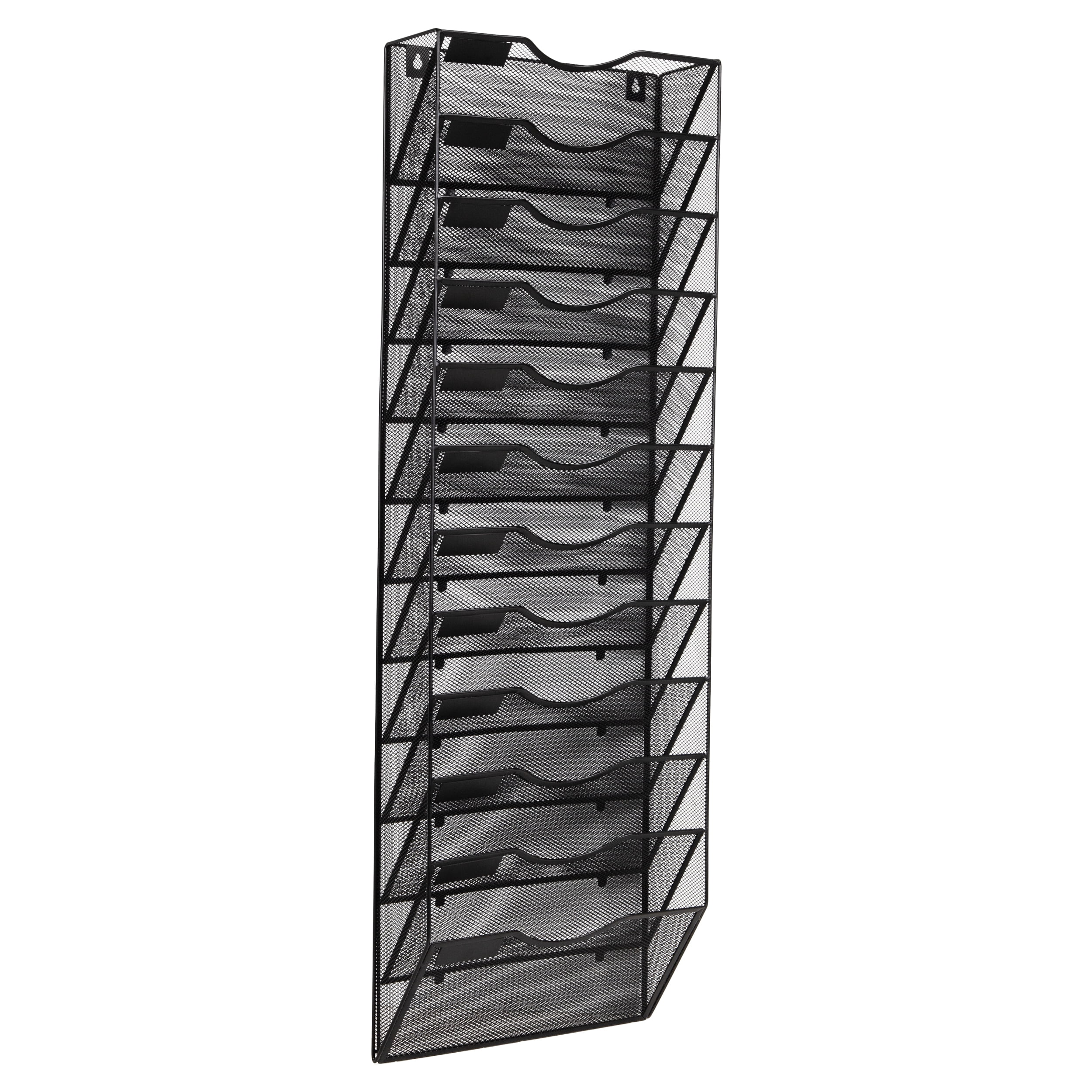 Mind Reader Wall Mounted File Organizer, 12 Tier Wire Mesh Document Holder with Metal Label Plates for Documents, Folders, and Magazines, Black