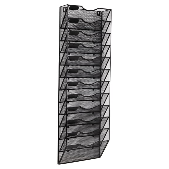 Mind Reader Wall Mounted File Organizer, 12 Tier Wire Mesh Document Holder with Metal Label Plates for Documents, Folders, and Magazines, Black