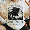 thumbnail image 1 of Mind Your Head Sleepy Hollow T-Shirt – Vintage Halloween Tee with Spooky Skeleton Style for Fall Season, 1 of 5