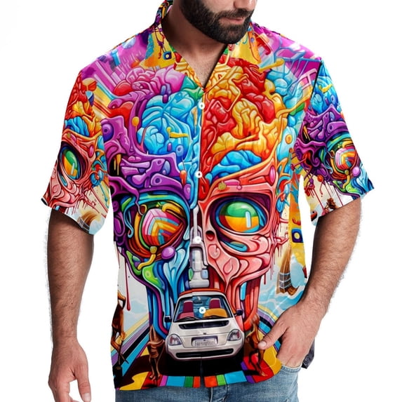 Mind car Men's Spread Collar Tops, Casual Button Down Shirts for Summer Beach, Printed Short Sleeve Shirts - Unisex