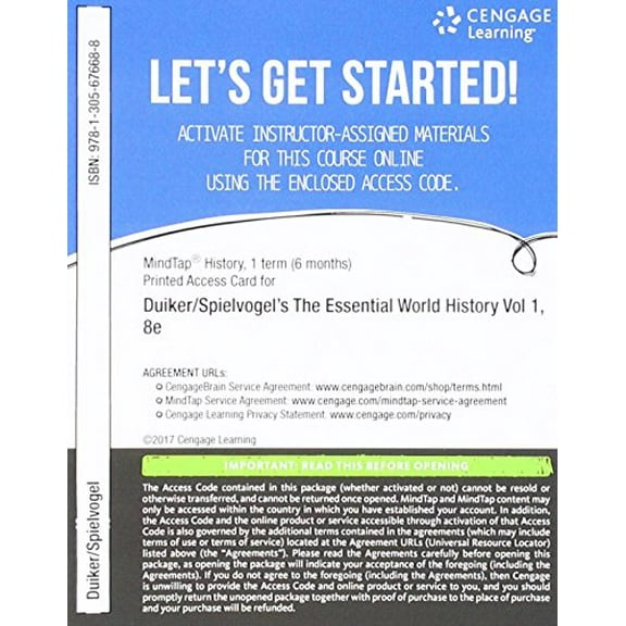 MindTap History, 1 term (6 months) Printed Access Card for Duiker/Spielvogel's The Essential World History, Volume I: To 1800, 8th