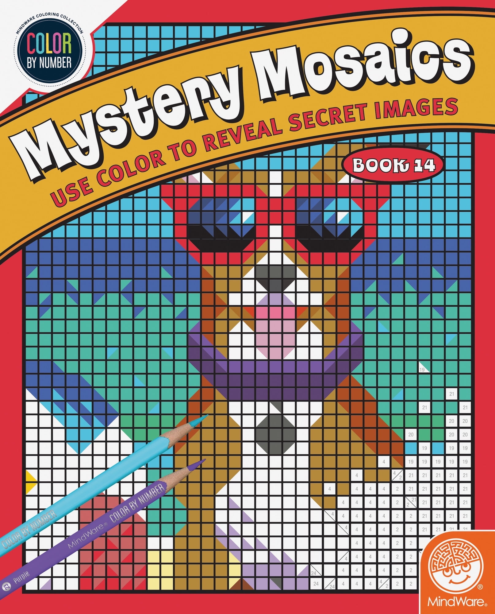 MindWare Color By Number Mystery Mosaics: Book 14, Use Color to Reveal Secret Images, Coloring Book for Kids