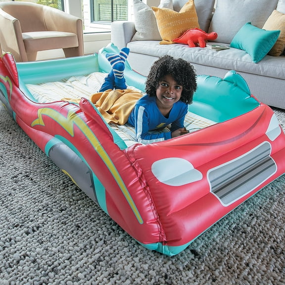 MindWare Oh So Fun! Inflatable Racecar Bed - Twin Size Kids Travel Bed with Sides Including Hand Pump & Storage Bag