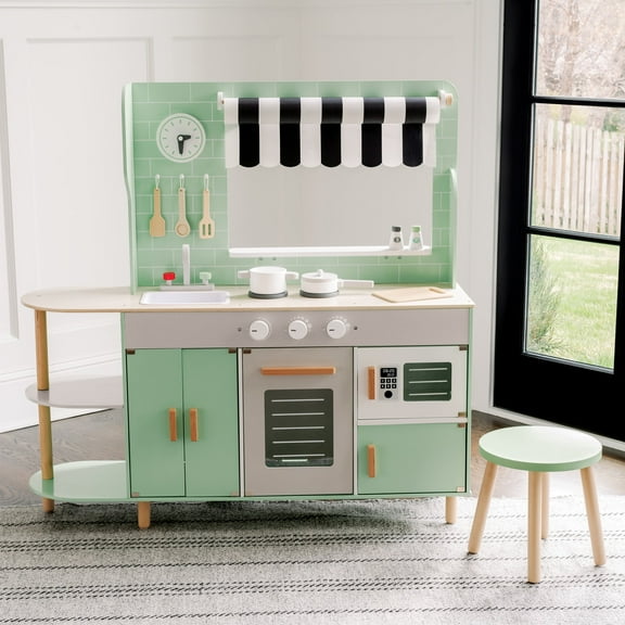 MindWare Play Kitchen Cafe, Unique 2-in-1 Playset Features Kitchen on One Side and Caf on The Other, Pretend Play for Kids Ages 3 & Up, Includes Basic Kitchen Tools