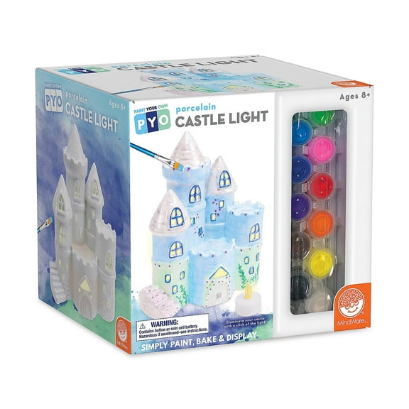 MindWare Paint Your Own Porcelain: Castle Light with 2 Tea Lights, 14 Paints, 2 Brushes & Painting Guide, Creative Paintable Pottery Crafts & Gift Kits for Kids