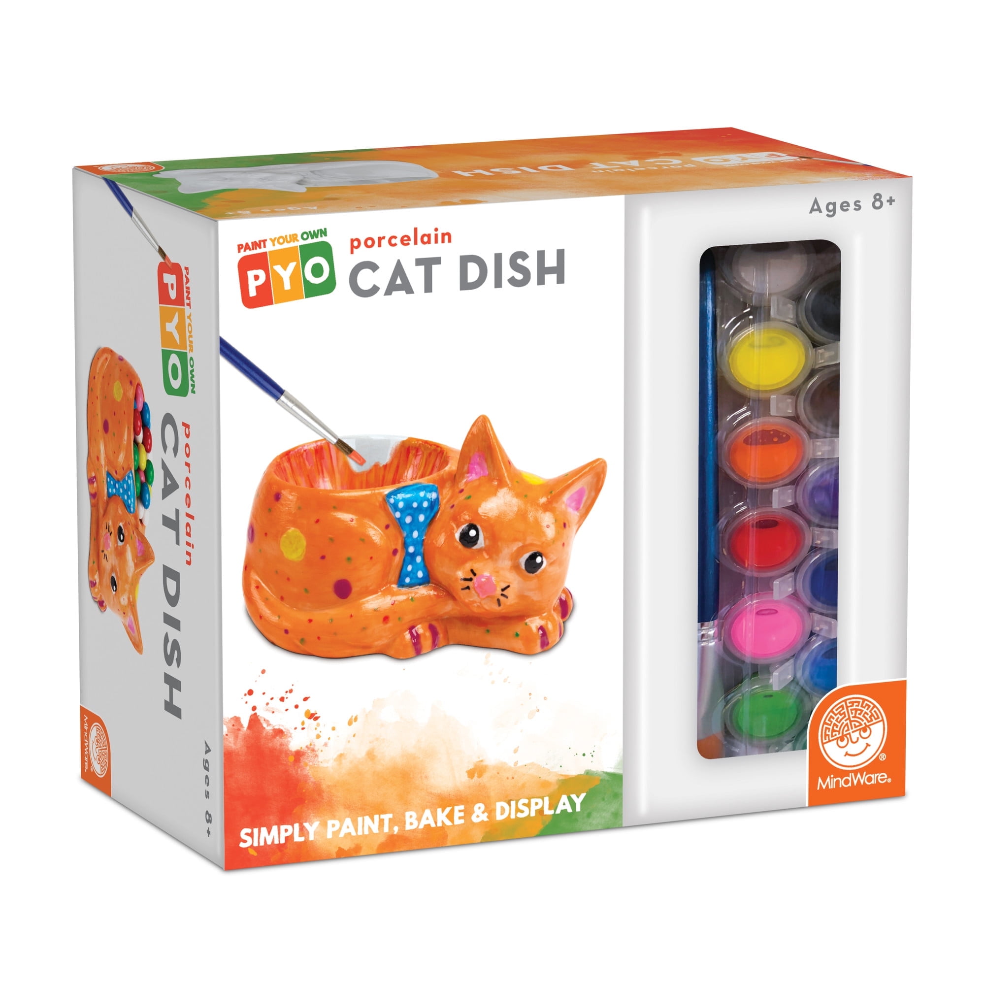 MindWare Paint Your Own Cat Dish, Porcelain Painting Figures for Kids, Teens & Adults Ages 8 & Up, Includes 12 Paints and 2 Brushes