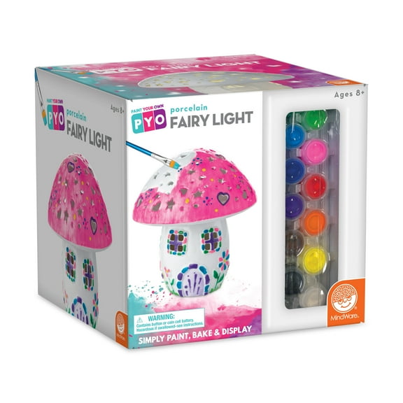 MindWare Paint Your Own Fairy Mushroom House Light, Craft Kit Includes 2 Tea Lights, Paint, Brushes and Instruction Guide