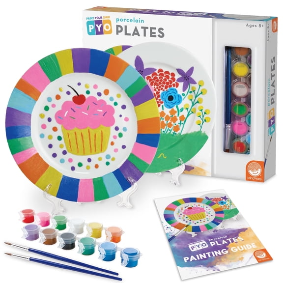 MindWare Creative Art Paint Your Own Porcelain Plates Kit with 2 Plates, 12 Paints, 2 Brushes, and 2 Stands