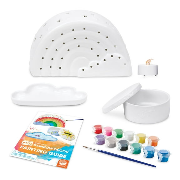 MindWare Paint Your Own Porcelain: Rainbow Décor Set with Tea Light, 12 Paints & 2 Brushes, Creative Pottery Crafts & Gift Kits for Kids Ages 8 and Up
