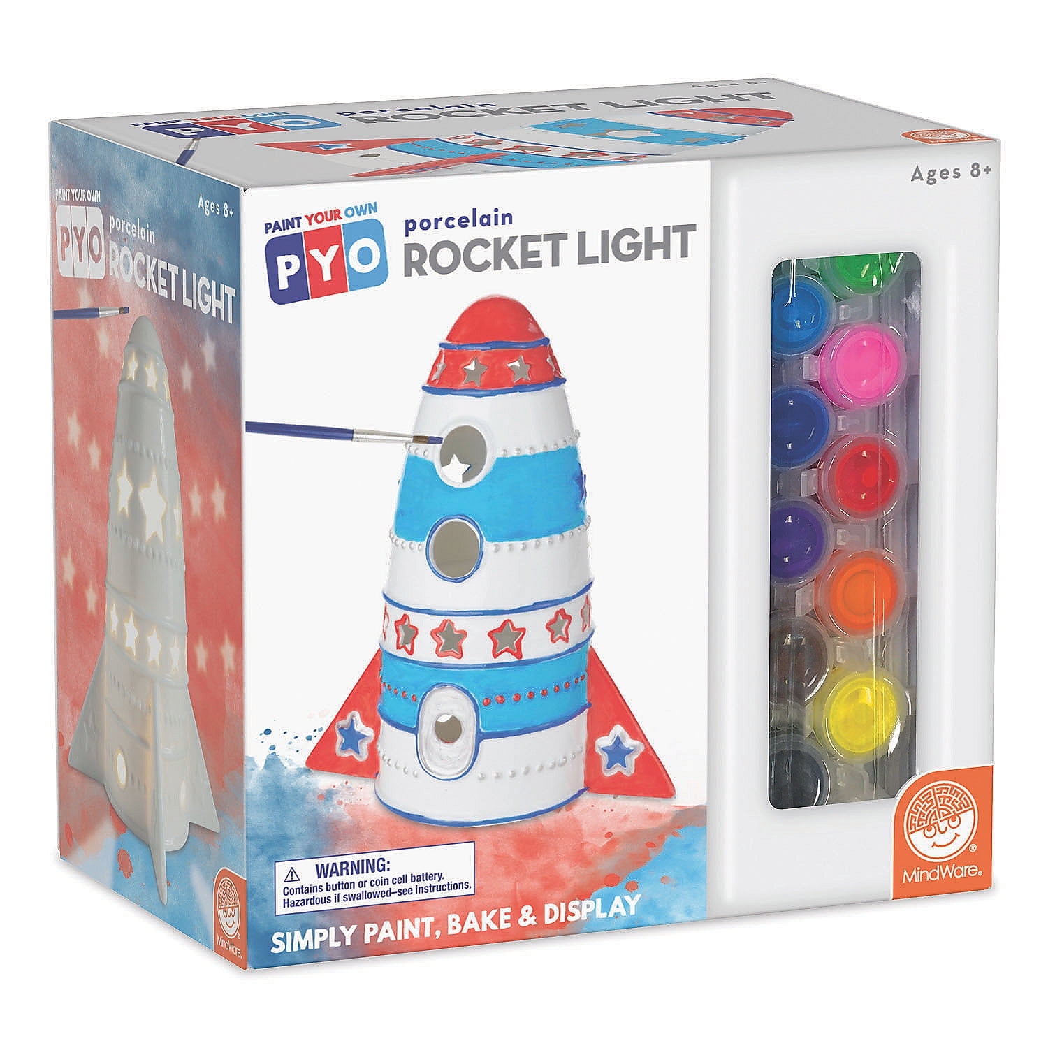 MindWare Paint Your Own Porcelain: Rocket Light with 2 tea lights, 12 paints & 2 brushes, Creative paintable pottery crafts & gift kits for kids