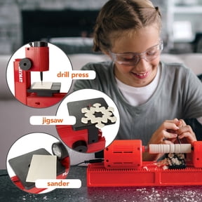 MindWare Play Make 4-in-1 Cool Tool Workshop - Transitions Into a Drill Press, Wood Lathe, Jigsaw or Sander - Woodworking Power Tool Made Safe & Easy for Kids - Ages 8+