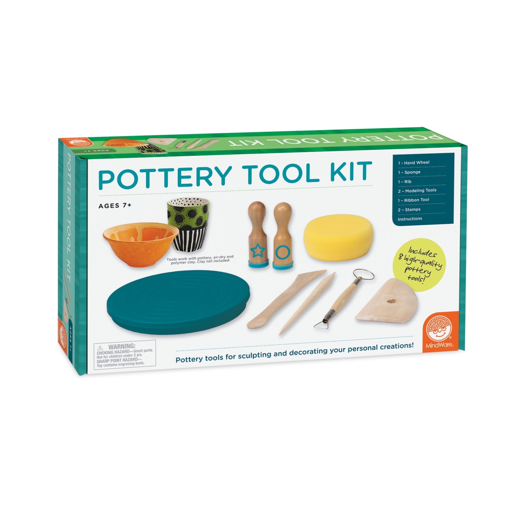 Kids' 8-Piece Pottery Tool Kit with Hand Wheel and Stamps