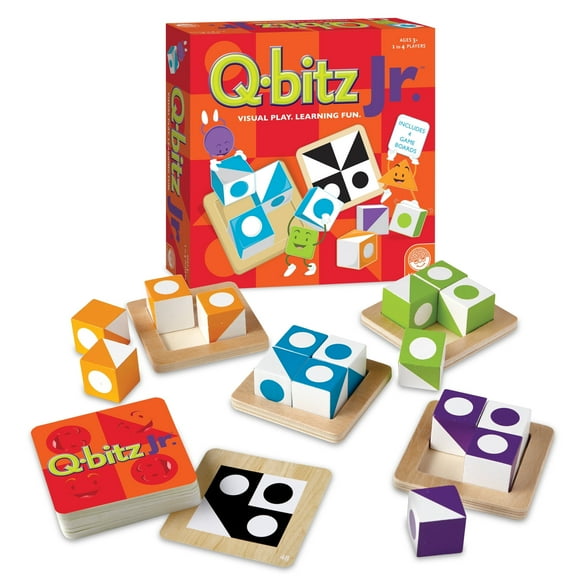 MindWare Q-bitz Jr. Game, 60 Pattern Cards, 4 Wooden Cube & Tray Sets, Visual Play & Learning Fun for Kids, 1 to 4 Players