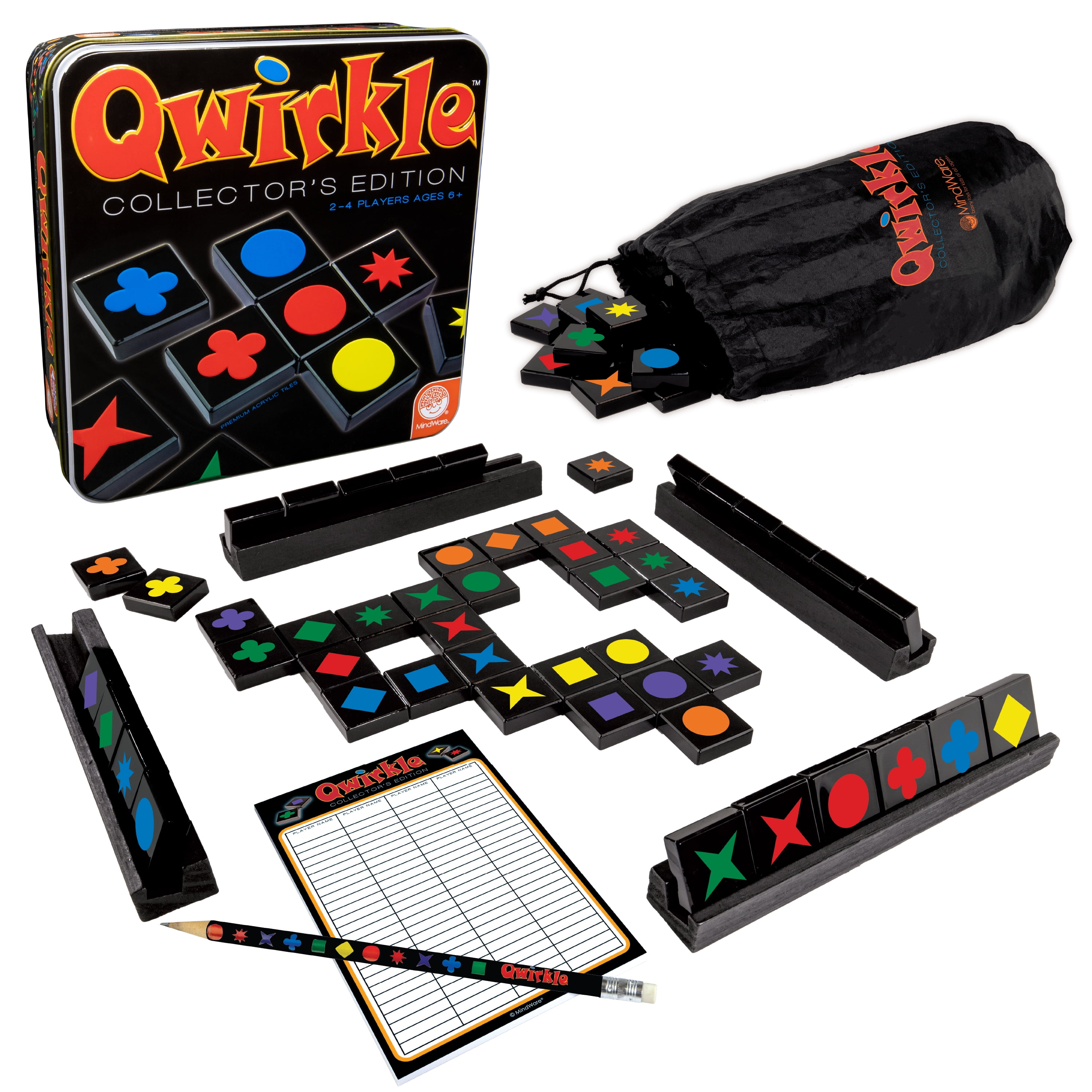 MindWare Qwirkle™ Game - 108 Durable Wooden Tiles & Canvas Drawstring Bag -  Board Game for Kids & Adults - 2 to 4 Players - Ages 6+