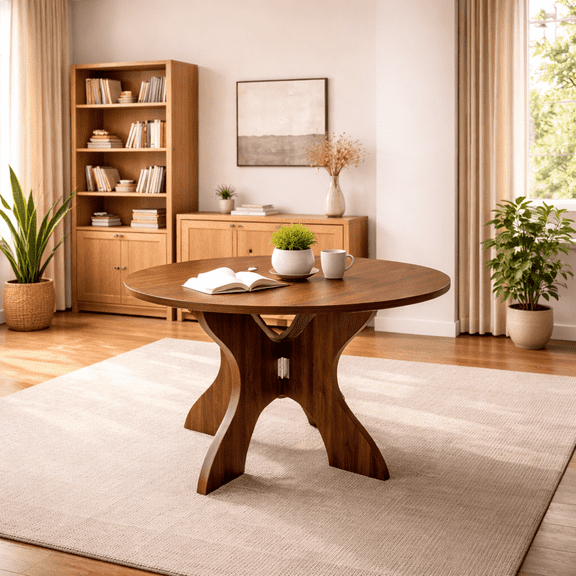 Ciphrias 43 Inch Round Dining Table Folding Design, Walnut MDF Compact Table for Small Spaces Dining Room Kitchen