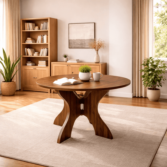 Ciphrias 43 Inch Round Dining Table Folding Design, Walnut MDF Compact Table for Small Spaces Dining Room Kitchen