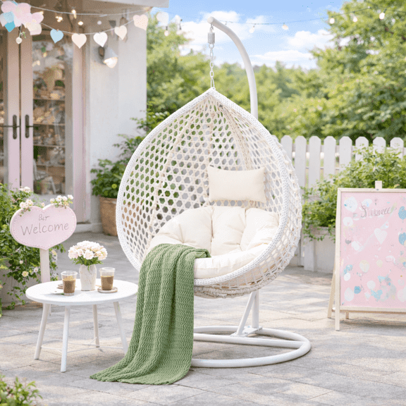 Ciphrias Egg Chair with Stand 76.8 Inch White Basket Seat Metal Frame Cushion for Patio Balcony Bedroom