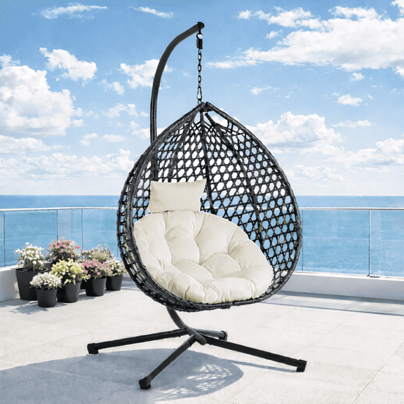 Minddistill Egg Chair with Stand, Black Beige HDPE Woven Seat with Cushion, Foldable Frame for Garden Balcony