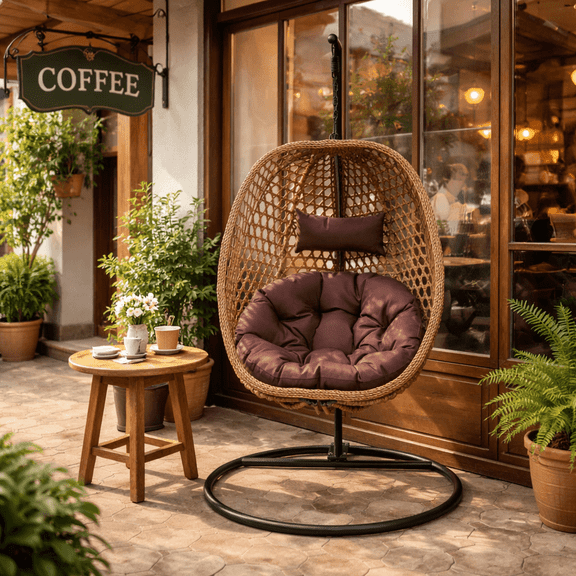 Ciphrias Egg Swing Chair with Stand 79" Hanging Basket Chair Brown Metal Frame with Cushion and Pillow for Patio Balcony Garden
