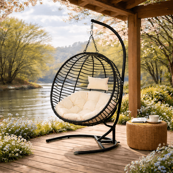 Ciphrias Hanging Chair with Stand, Black Beige HDPE Woven Seat with Cushion, Foldable Frame for Indoor Outdoor Garden Balcony