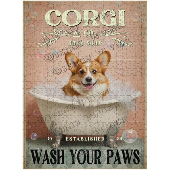 Mindful 500 Piece Puzzle Corgi Wash Your Paws Design Wooden Jigsaw for Adults, Gift for Pet Enthusiasts