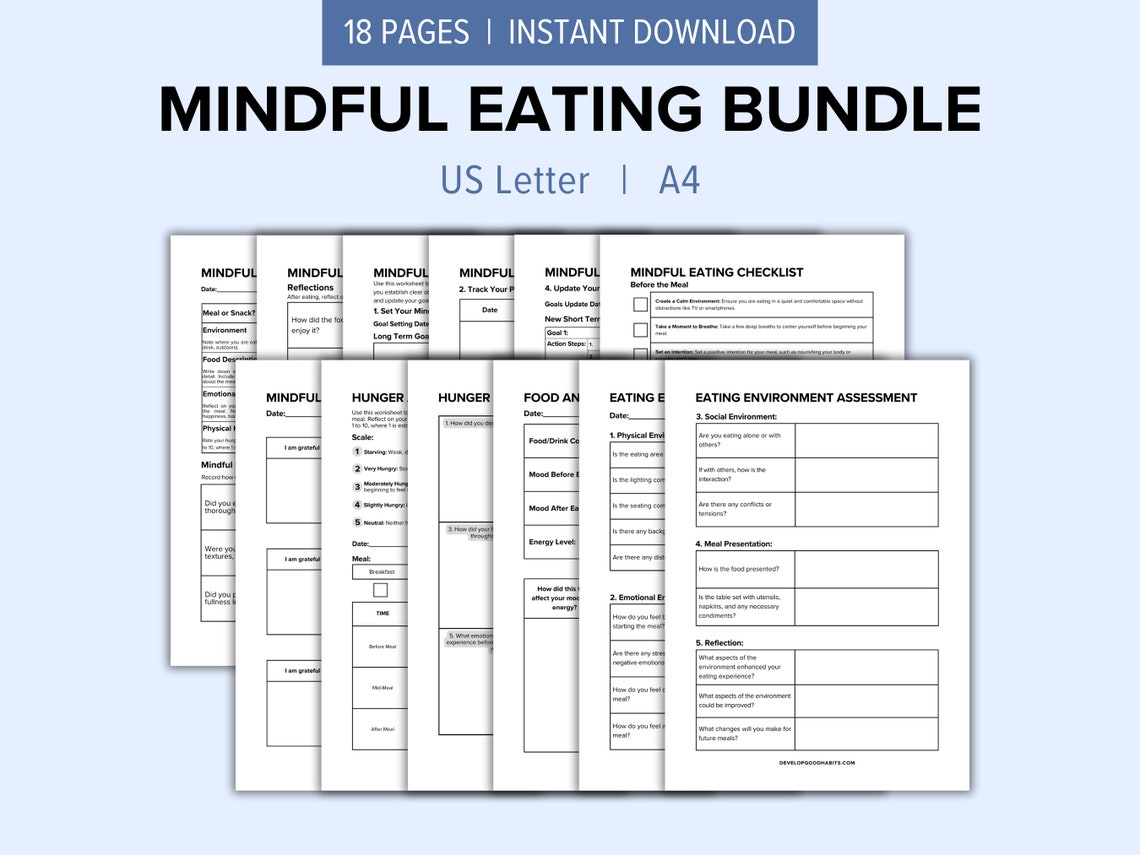 Mindful Eating Journal Printable Bundle, Food Tracker, Healthy Eating ...