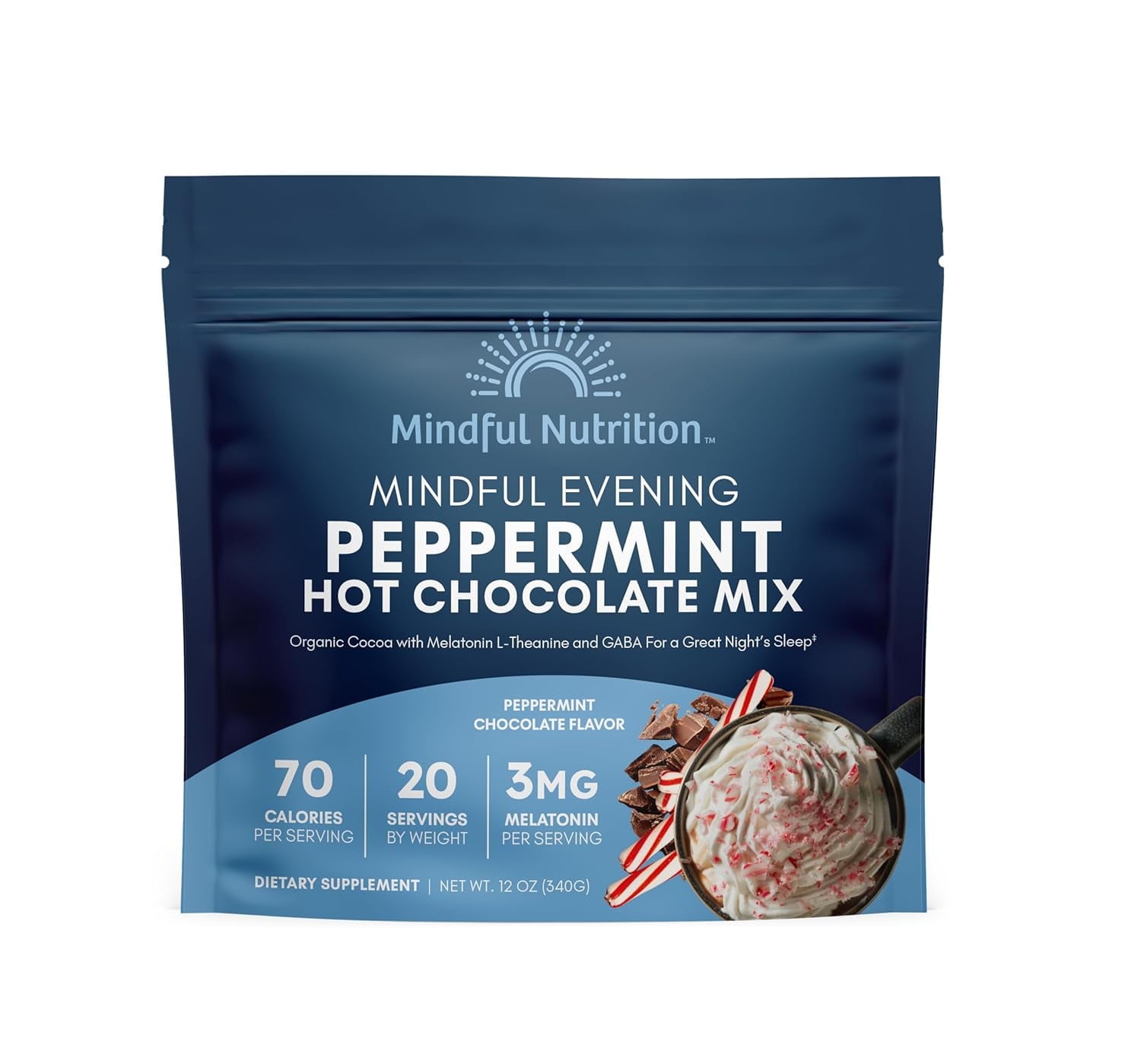 Mindful Nutrition Evening Peppermint Cocoa Mix with Melatonin, L-Theanine & GABA, 12 oz