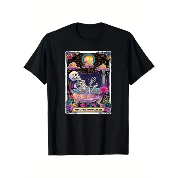 Mindful Moonlight Colorful Skeleton Tarot Card T-Shirt Tarot Card T-shirt 100% Pure Cotton Gift For Men Women Dad Mom and Friends Large Sizes Are 1XL-5XL Black 180g Fabric