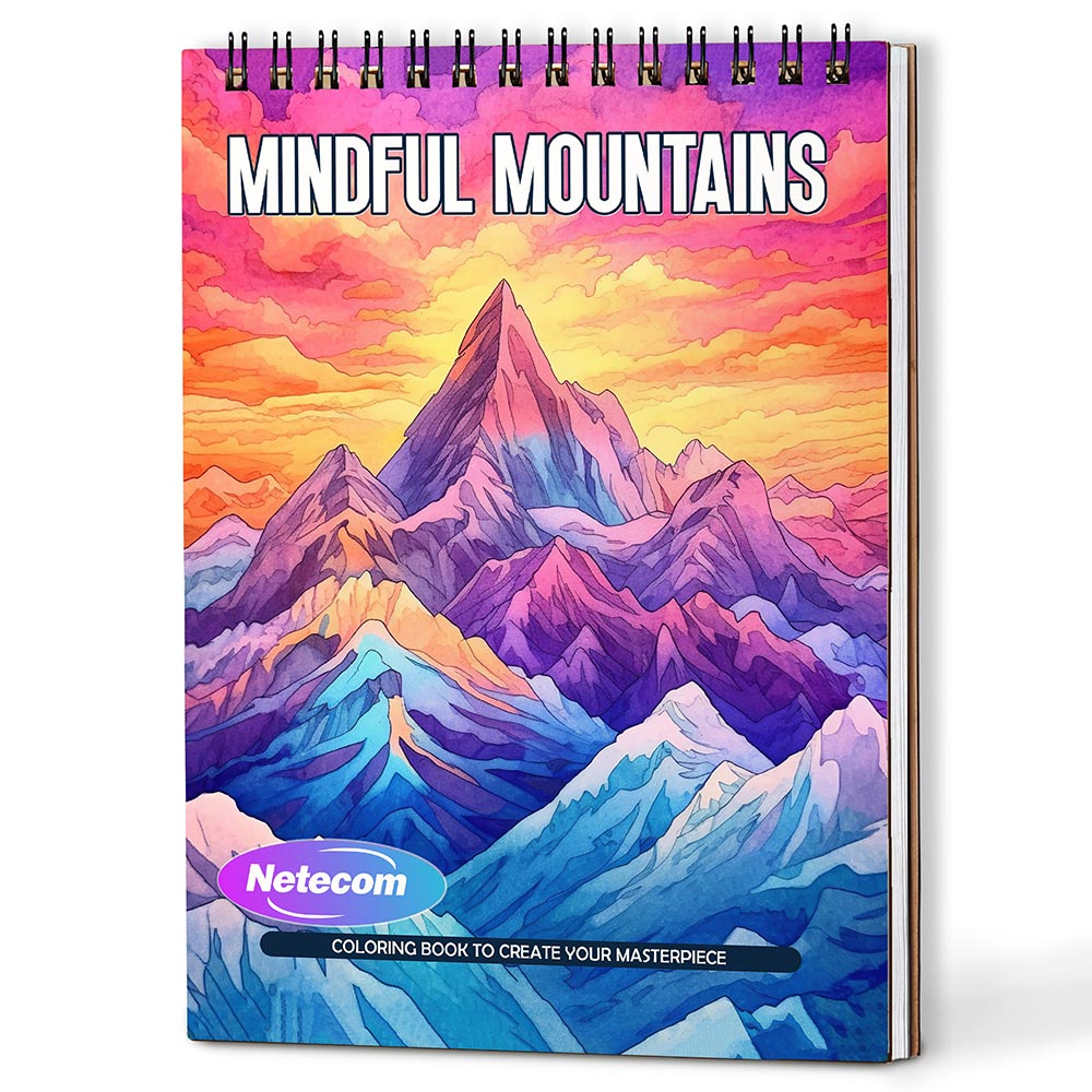 Mindful Mountains Coloring Book Spiral Bound For Adults, A5 Wooden Cover, 30 Calming Coloring Pages in Stunning Mountain Vistas for Stress Relief and Relaxation