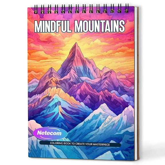 Mindful Mountains Coloring Book Spiral Bound For Adults, A5 Wooden Cover, 30 Calming Coloring Pages in Stunning Mountain Vistas for Stress Relief and Relaxation