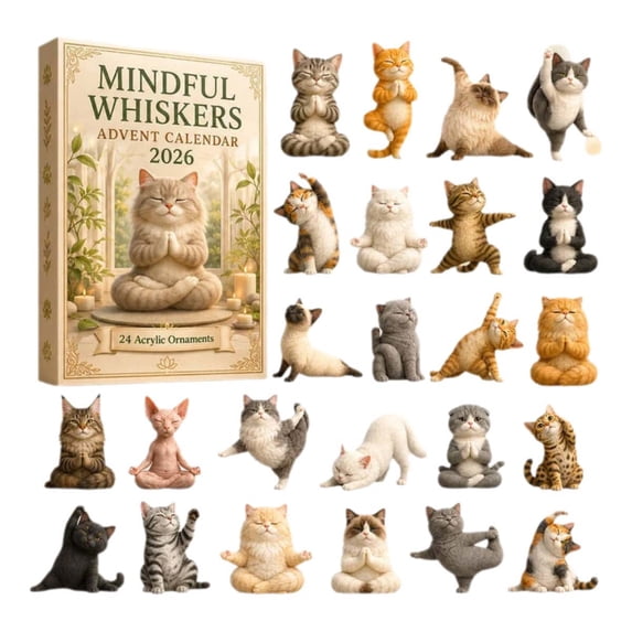 Mindful Whiskers Advent Calendar 2026, 24 Days 2D Flat Acrylic Yoga Cat Ornaments Christmas Countdown Calendar, Cute Kitten Hanging Ornament Set for Christmas Tree Decor Holiday Gift