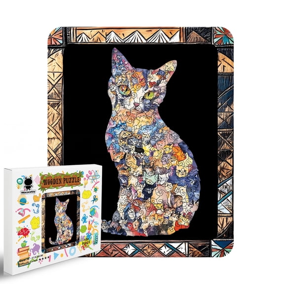 Mindful Zen-Cat Jigsaw Wood Puzzle with Display Frame, Complex Irregular Fragment Set for Deep Relaxation and Digital Detox, High-Performance Mental Vitality Gift