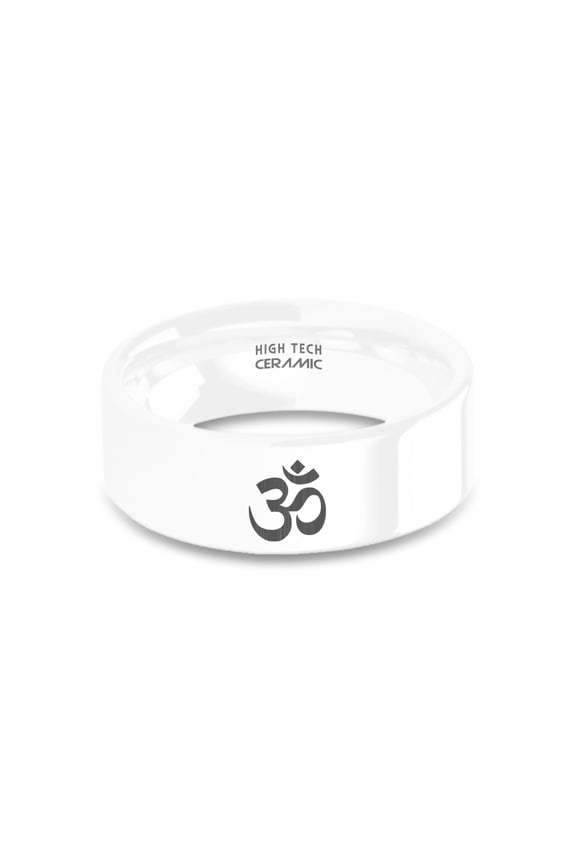 Mindfulness Aum Om Symbol Laser Engraved White Ceramic Ring, 8mm, Size 14
