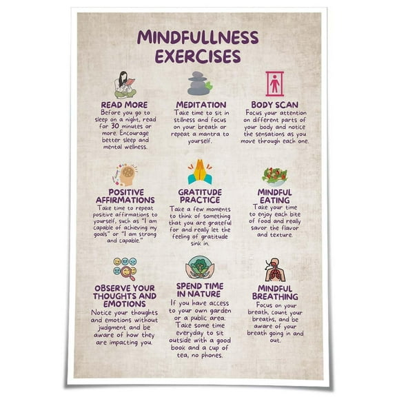 Mindfulness Exercise Chart Poster Mental Health Wall Art Therapy Office Decor for Bathroom Painting Prints Wall Pictures Poster for Bedroom