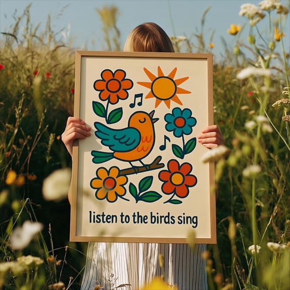 Mindfulness Retro Poster Floral Bird, 16x24 UNFRAMED