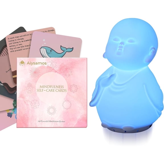 Mindfulness Tool Set with Guided Visual Meditation Breathing Lamp and 48 Positive Affirmation Cards, 3 in 1 Device with Night Light & Noise Machine, Self-Care Gift for Anxiety Relief and Relaxation