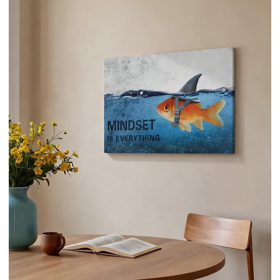 Mindset Is Everything Goldfish Shark Fin Canvas Wall Art, Motivational Office Decor, Funny Mindset Quote Artwork For Home Office, Gym, Bedroom, Ready To Hang 12*18inch(30*45cm)