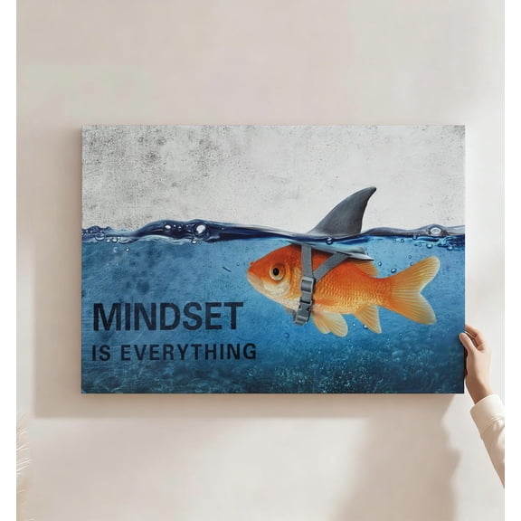 Mindset Is Everything Goldfish Shark Fin Canvas Wall Art, Motivational Office Decor, Funny Mindset Quote Artwork For Home Office, Gym, Bedroom, Ready To Hang 8*12inch(20*30cm)
