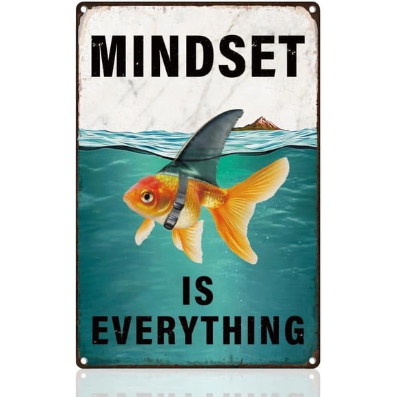 Mindset is Everything Motivational Retro Wall Decor Metal Tin Sign 8" x 12" Fish Shark Fin Inspirational Vintage Wall Art Poster for Home Coffee Cafes Bathroom Office Clubs Decor Gift